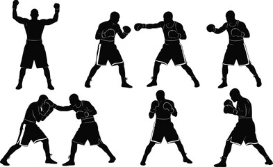 PrintBoxing silhouettes, fighter training, punch action, combat sport illustration, boxing stance, martial discipline, sparring match, self defense practice, fitness workout vector