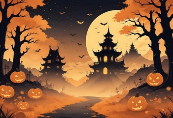 Haunted Halloween Night with Jack-o'-lanterns and Full Moon