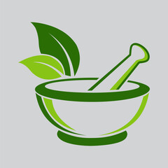Mortar and pestle with green leaves, a symbol of herbal medicine and natural remedies for healthcare