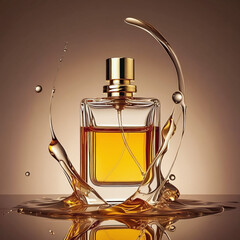 A square perfume bottle with golden cap surrounded by liquid splash on a reflective surface studio shot