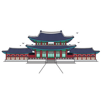 Colorful Korean Traditional Palace Illustration with Detailed Architectural Design.
