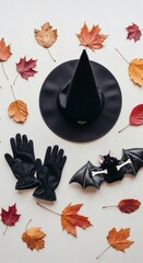 Witch hat, gloves, bat, fall leaves  perfect for halloweenthemed designs, invitations, social media posts, and festive promotional materials.