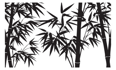 Silhouette of a dense bamboo forest with tall stalks and abundant leaves isolated on transparent background