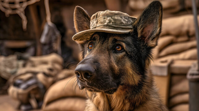 A portrait of a loyal German Shepherd military dog, a brave and proud soldier animal wearing a camouflage cap, a K9 unit service dog on duty in an army base, a concept of loyalty and animal partners.
