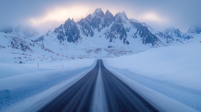 Snow covered road leading to jagged mountain peaks on cloudy day