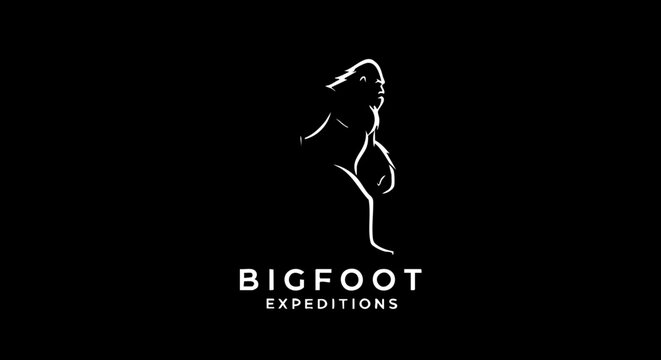 Enigmatic Bigfoot silhouette logo for adventurous expeditions and wilderness exploration brands, evoking mystery and discovery.