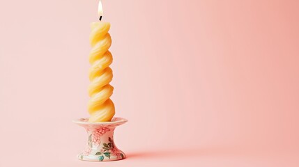 Twisted yellow candle in a decorative holder on a soft pink background, creating a warm and inviting atmosphere for home decor and ambiance enhancement