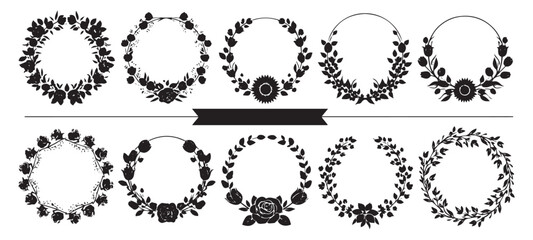 Collection of ten ornate oval floral and leaf decorative frames and borders in black silhouette isolated on transparent background