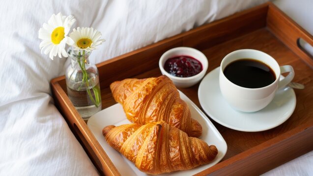 Golden croissants with coffee and jam served on a wooden tray with daisies breakfast