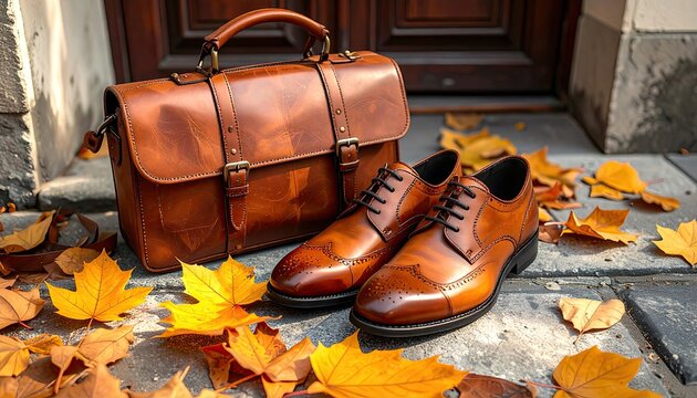 Elegant brown leather briefcase and shoes with vibrant autumn leaves on sidewalk.