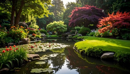 Lush garden with pond and bridge