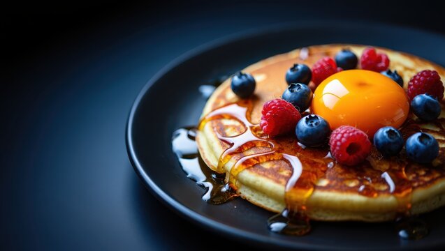 Golden pancakes with berries and egg yolk drizzled with syrup blueberries raspberries - Powered by Adobe