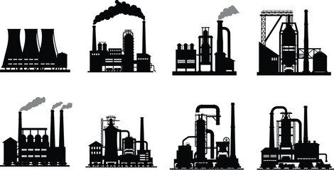 PrintIndustrial factory silhouette set, power plant illustration, heavy manufacturing industry artwork, refinery building design, smoke pollution vector, black construction structure collection