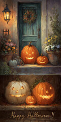 halloween porch and ledge illustration with glowing jack-o'-lanterns, autumn wreath, and colorful flowers in cozy festive setting with rustic blue door and warm lantern light
