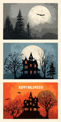 halloween illustration collage with glowing full moons, haunted houses, bats, and autumn trees across three vertical panels in eerie orange and blue tones