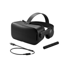Sleek matte black VR headset with refined contours and a neatly coiled USB-C cable, captured at 45-degree angle on transparent background, high-end technology concept