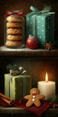 jar of powdered donuts, gingerbread cookie, and wrapped gifts in cozy christmas collage with pine sprigs, candlelight, and festive treats