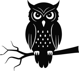 Stylized owl silhouette perched on branch with large eyes, symmetrical design, black vector illustration for tattoo, logo, gothic decoration