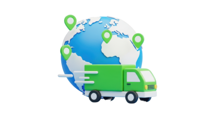 Green delivery truck with globe and location pins isolated on a transparent background world