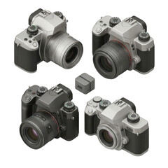 Four vintage dslr cameras and a small cube isolated on transparent background