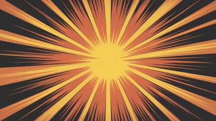 Obraz premium Vibrant radial burst of warm orange and yellow light emanating from a bright central sun against a dark background creating an energetic explosion effect