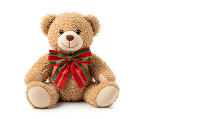Isolated christmas teddy bear with red and green ribbon bow for holiday gift and decoration idea