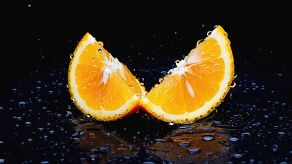 Two orange slices covered in water droplets on a reflective black surface creating a vibrant contrast