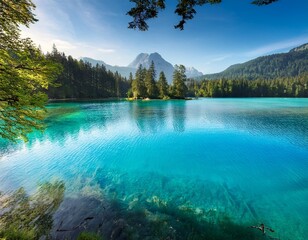 A charming natural view at the end of summer in the natural lake with crystal clear turquoise water and green trees growing around