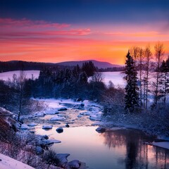 Beautiful evening landscape photography of winter sunset in the river valley, a wonderful nature reserve; fantastic view at night time 