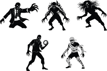 Dark horror zombie monster silhouettes set of five creepy undead characters with claws, bandages, fire aura, fantasy nightmare design