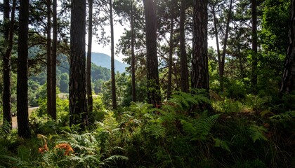 Obraz premium Sunlight filters through a dense pine forest, highlighting ferns and distant mountains