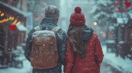 Snowy couple walking