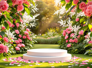 Romantic Garden Podiums with Lush Florals, Cosmetic field scene
