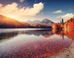 Beautiful red lit landscape with charming autumn colors; travel concept background - vintage 