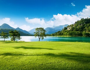 Beautiful view of amazing meadow in beautiful place lake with blue sky and mountain background, fresh green tree forest reflection on nature field (1) - Copy