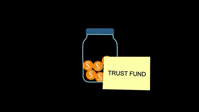 Trust fund text on a yellow sticky note attached to a glass jar with a hand inserting a coin, set against a white background in vertical screen format.