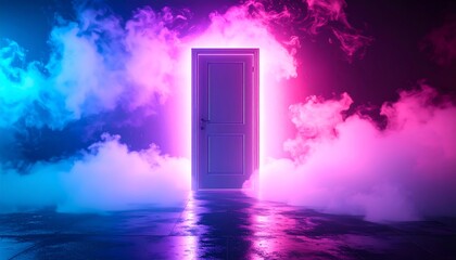 Neon door in a smoky, vibrant room