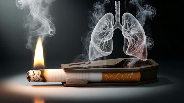 Powerful anti-smoking video showcasing burning cigarette in a coffin with ghostly lung illustration, a stark visual warning against health risks