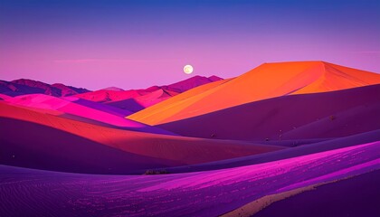 Desert dunes under a pink sky with a full moon, vibrant and surreal landscape