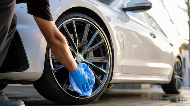 Close up of a person in blue gloves washing a clean white luxury car, 4k video