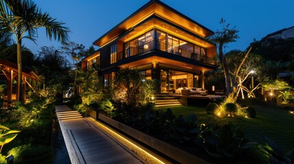 Modern luxury home at night