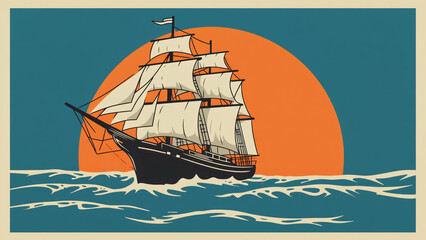Illustration of a sailing ship at sea with a large orange sun in the background on a blue sky day