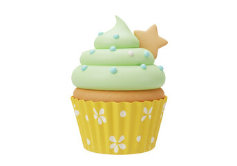 Delightful cupcake with light green frosting and star cookie isolated, a sweet treat for birthdays and celebrations PNG