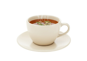 Beige teacup with herbal tea isolated, steaming beverage with green herbs on saucer, healthy drink for relaxation and wellness