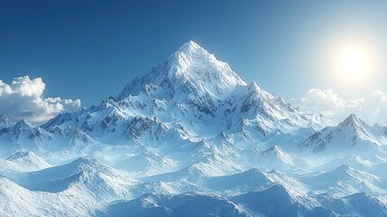 Snowy mountain peak under a bright sun, against a blue sky