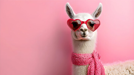 Funny llama wearing heart sunglasses on pink background. charming and cool animal concept for valentine love