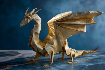 Fototapeta premium Golden origami dragon sculpture with intricate details and elegant wings, showcasing craftsmanship and artistry in a creative and imaginative setting