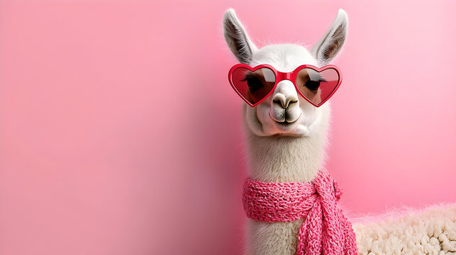 Funny llama wearing heart sunglasses on pink background. charming and cool animal concept for valentine love