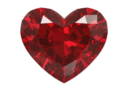 Heart-shaped ruby gemstone isolated on transparent background, faceted red crystal for jewelry design and romantic themes