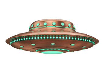 Retro copper UFO PNG isolated on transparent background, vintage flying saucer with green lights for science fiction design